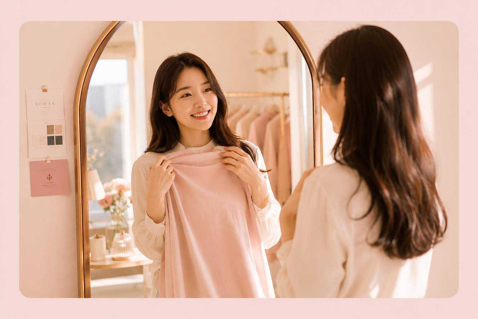 아치형 거울 앞에 선 추상적 스타일리스트 인물과 의상 행어·컬러 스와치가 있는 LOWEN 아틀리에 일러스트